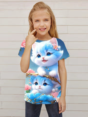 Casual Kitty & Flower Graphic Crew Neck Short Sleeve T shirt Girls