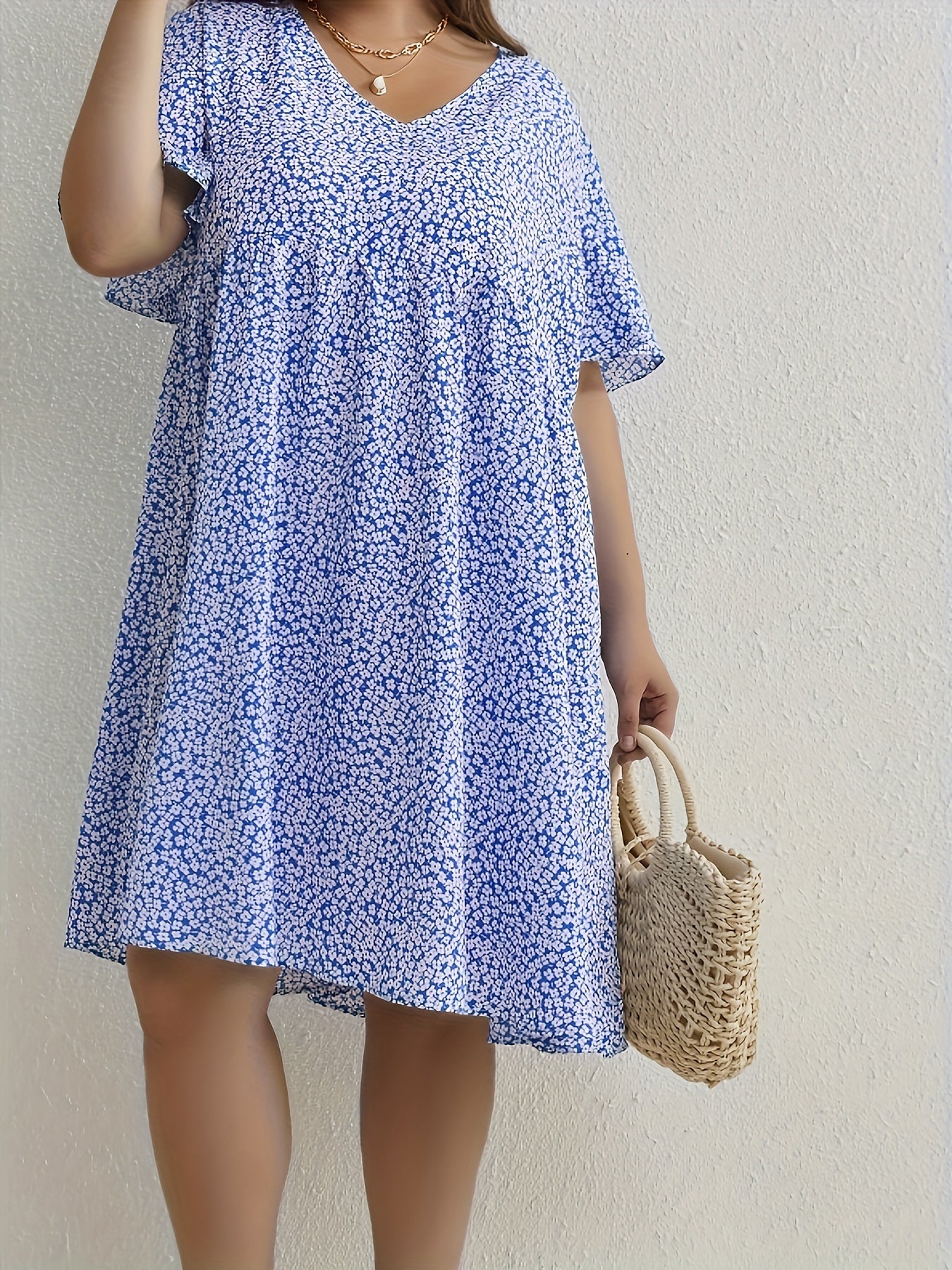 Floral Print V Neck Dress Cap Sleeve Casual Stretch Women's