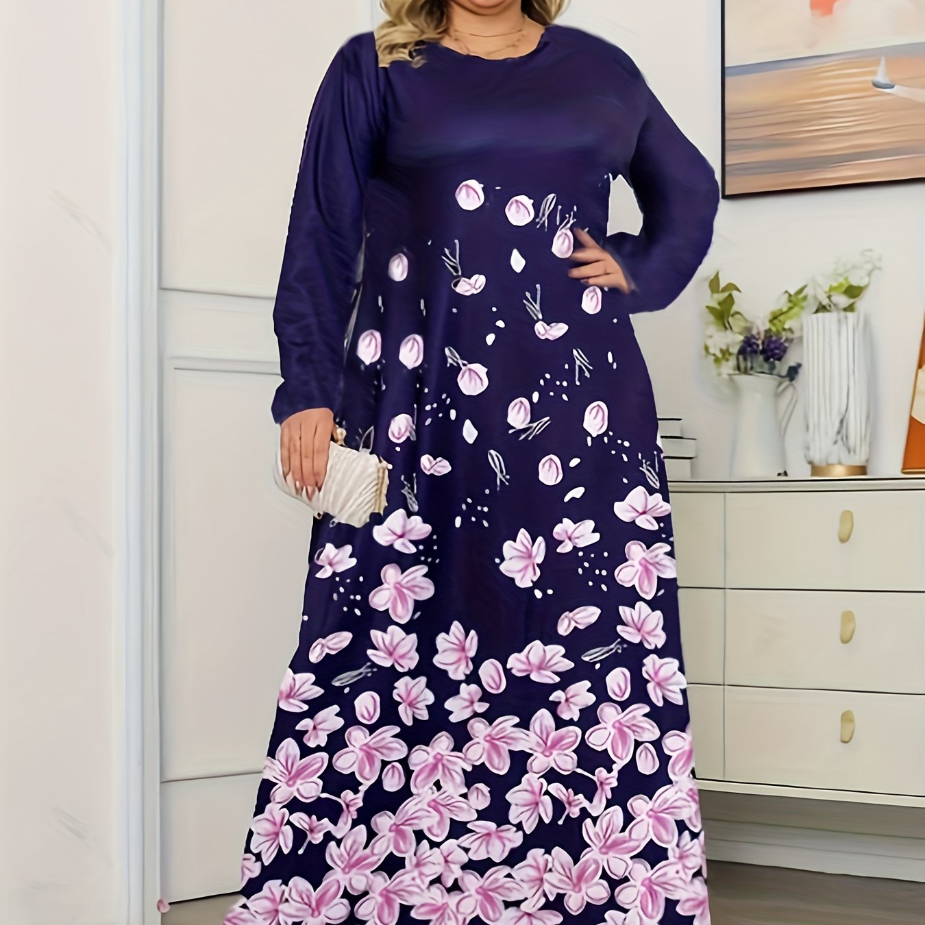 Floral Print Long Sleeve Stretch Dress Plus Size