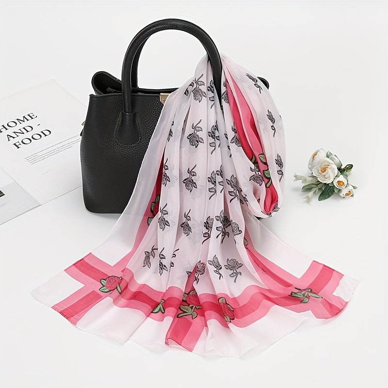 Rose Print Chiffon Scarf Classic Thin Large Shawl Women Windproof Head Wrap