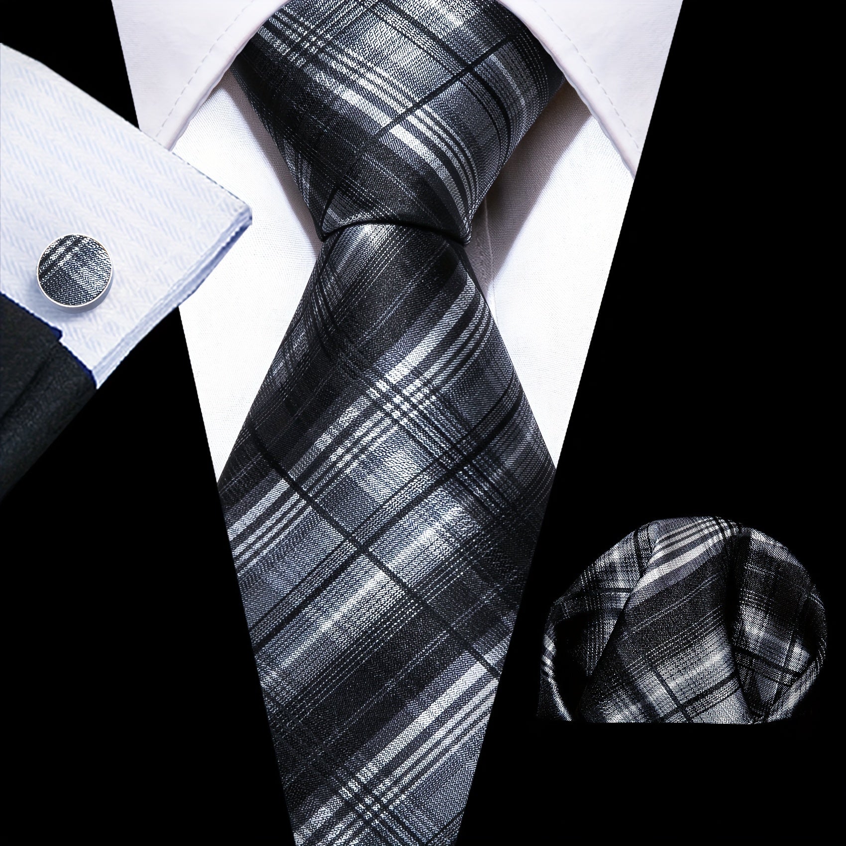 Classic Men's Ties Striped Plaid Necktie Handkerchief Cufflinks