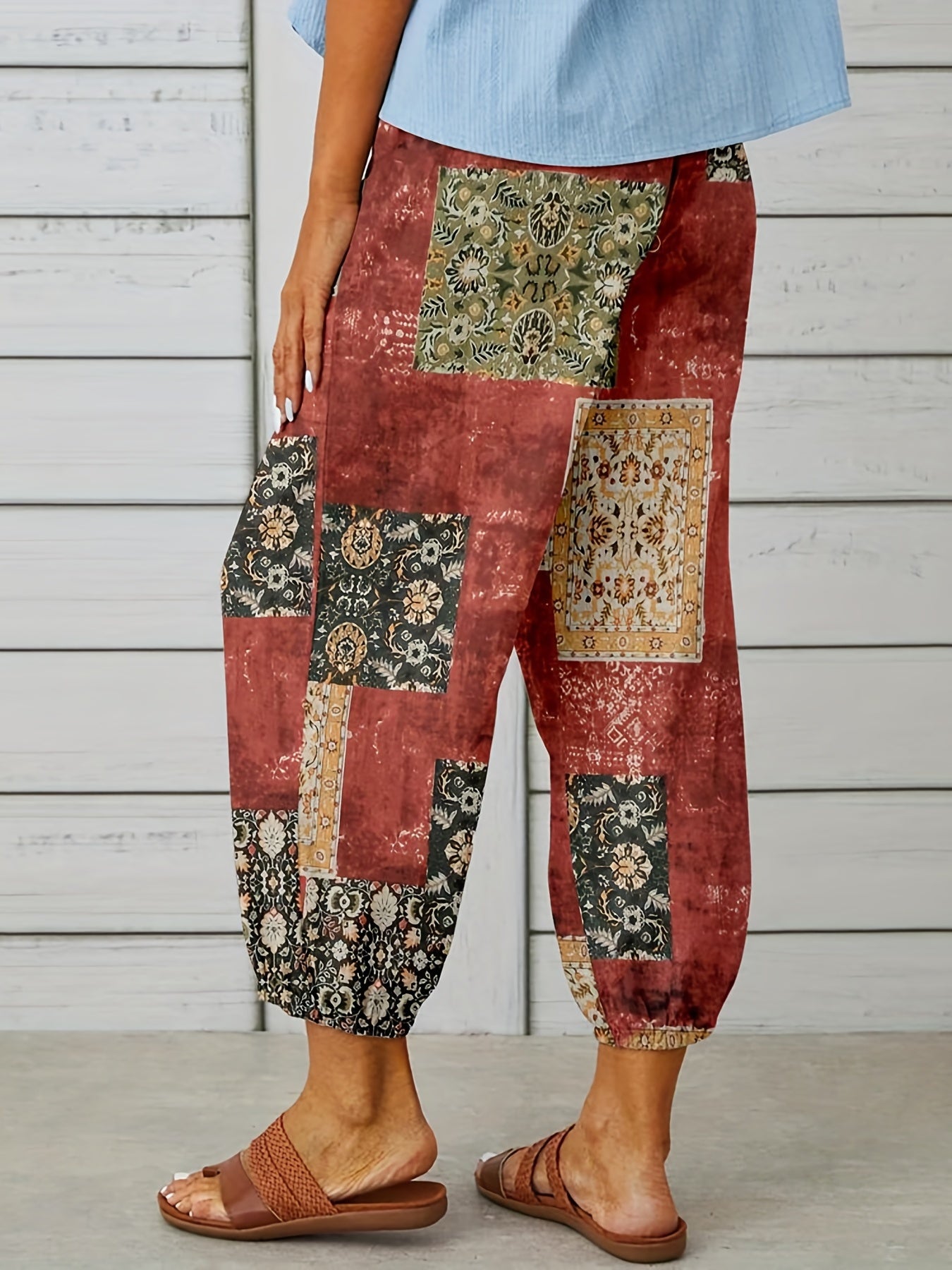 Abstract Print Cropped Pants Casual Drawstring Elastic Wais Pants
