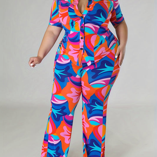 Tropical Print Blouse & Wide Leg Pants Set