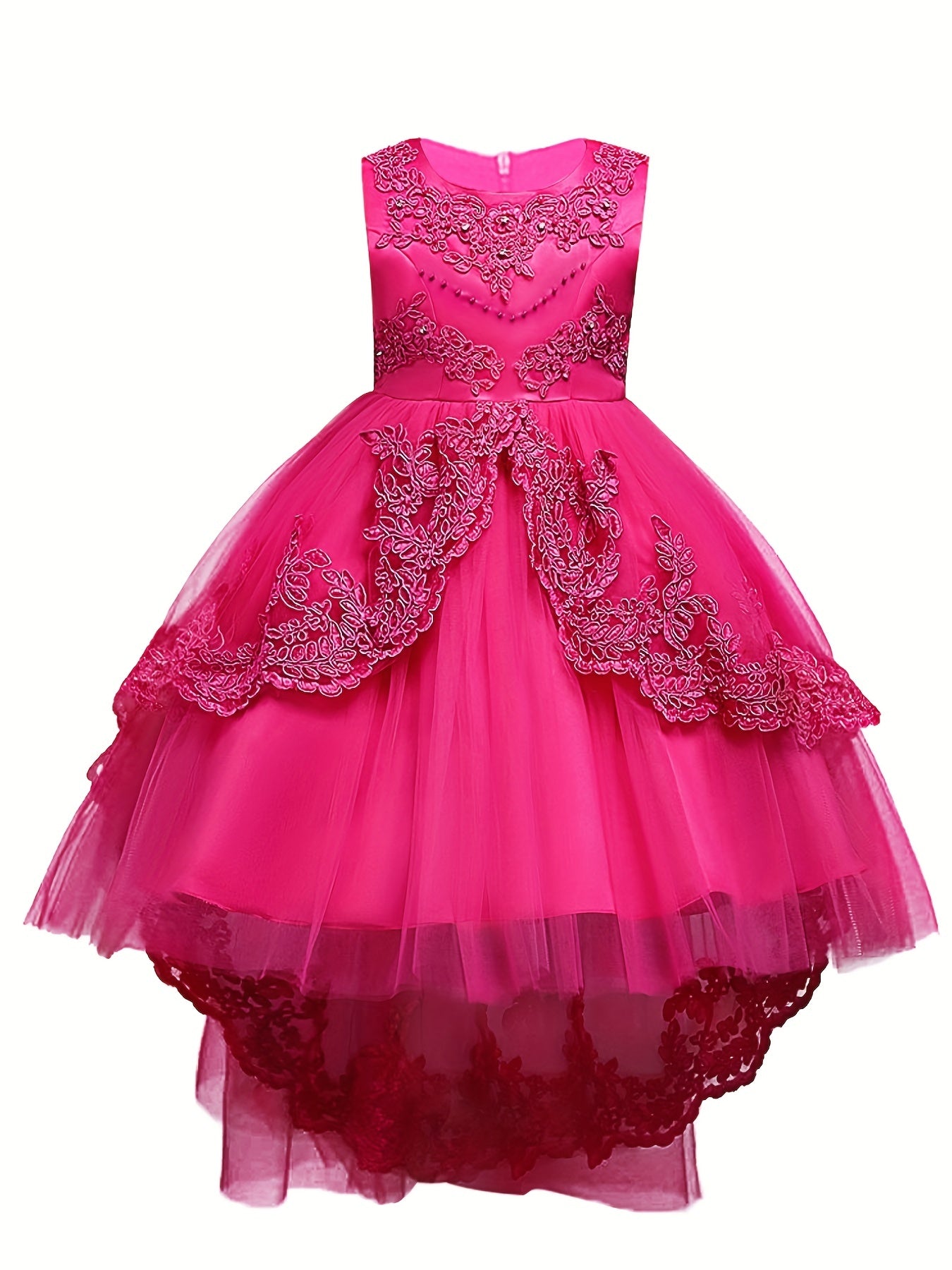 Girls Puffy Princess Dress Sleeveless Beaded Flowers Embroidery Tulle Lace Tutu