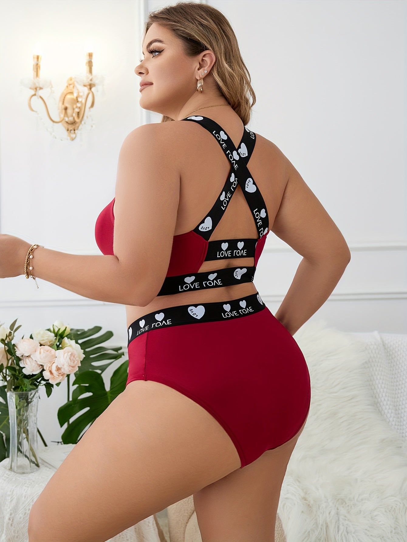 Plus Size Sexy Lingerie Set Letter Tape Crisscross Cut Out Bra & Panty