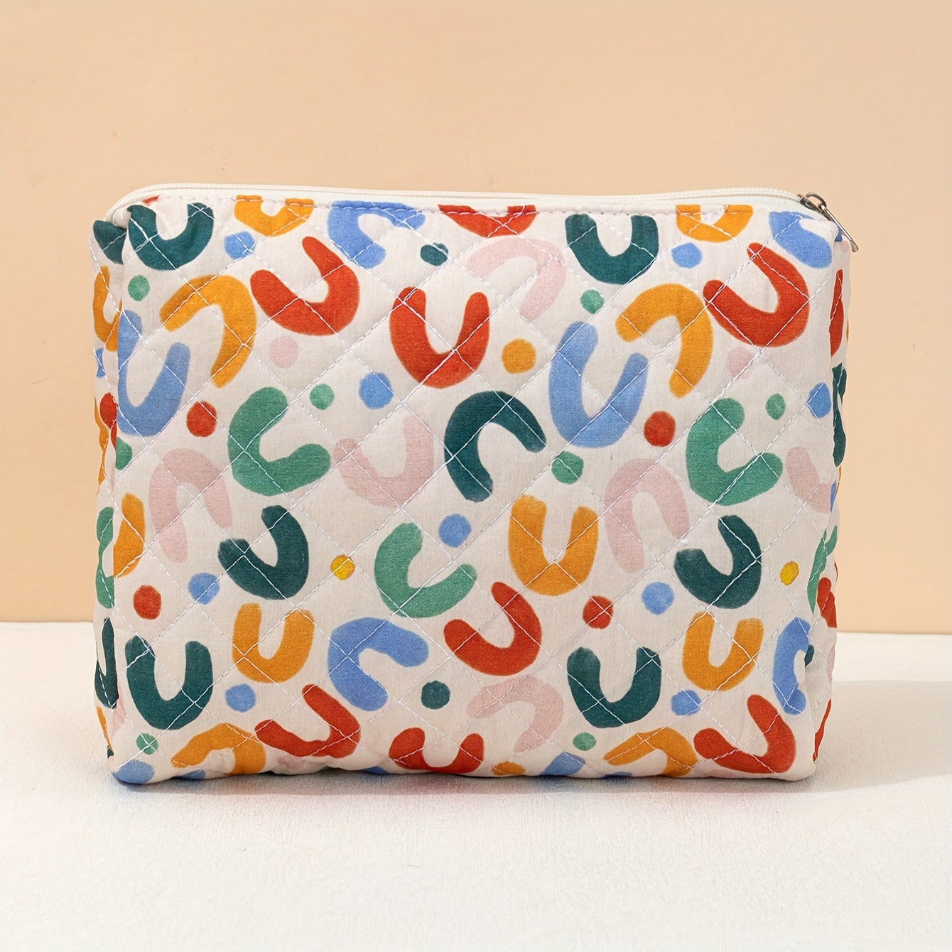 Colorful UU Letter Quilted Cosmetic Bag Travel Makeup Pouch