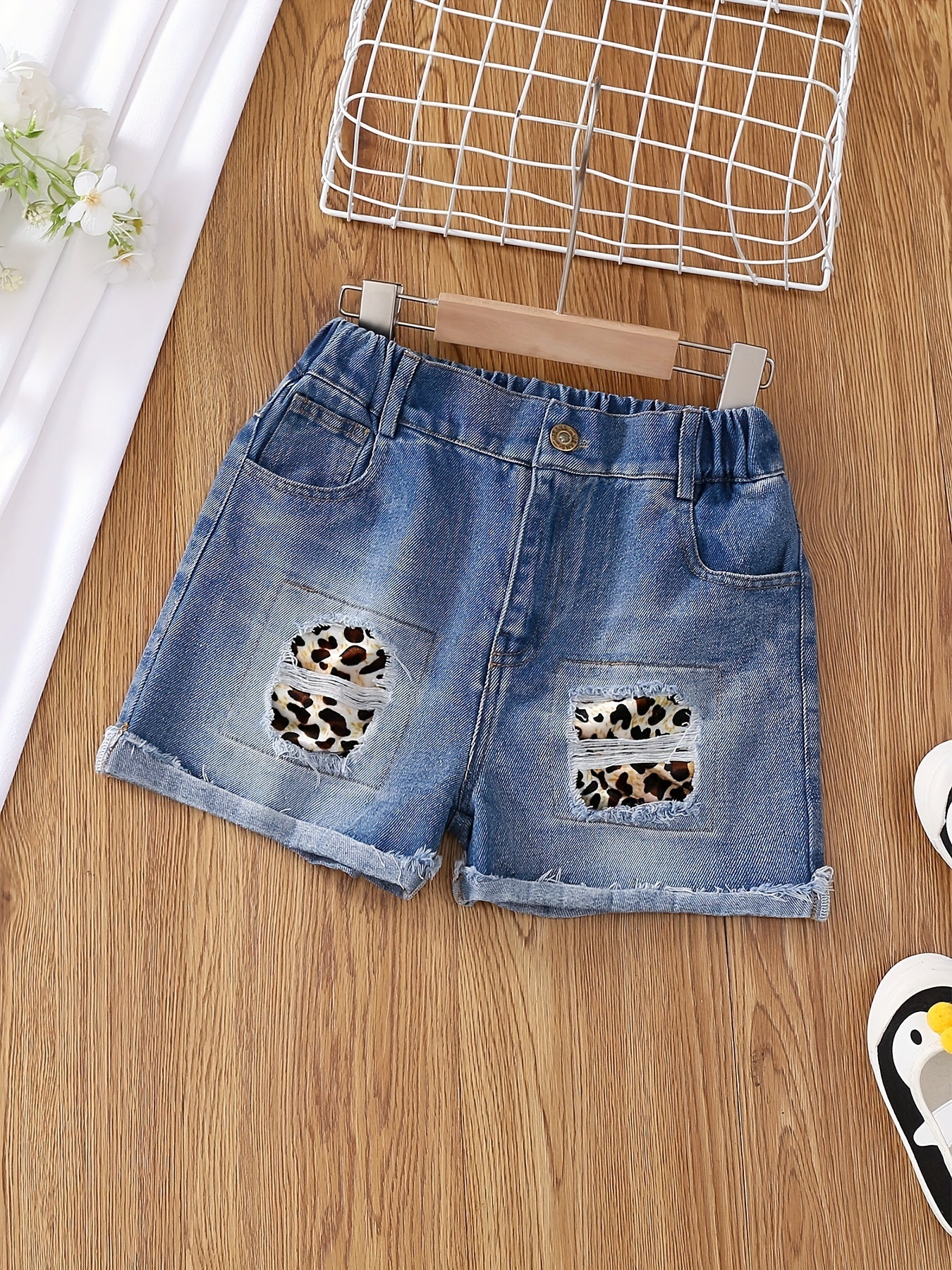 Kids Girls Leopard Patch Ripped Denim Shorts Zip Waist Teenagers Casual Pants