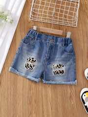 Kids Girls Leopard Patch Ripped Denim Shorts Zip Waist Teenagers Casual Pants