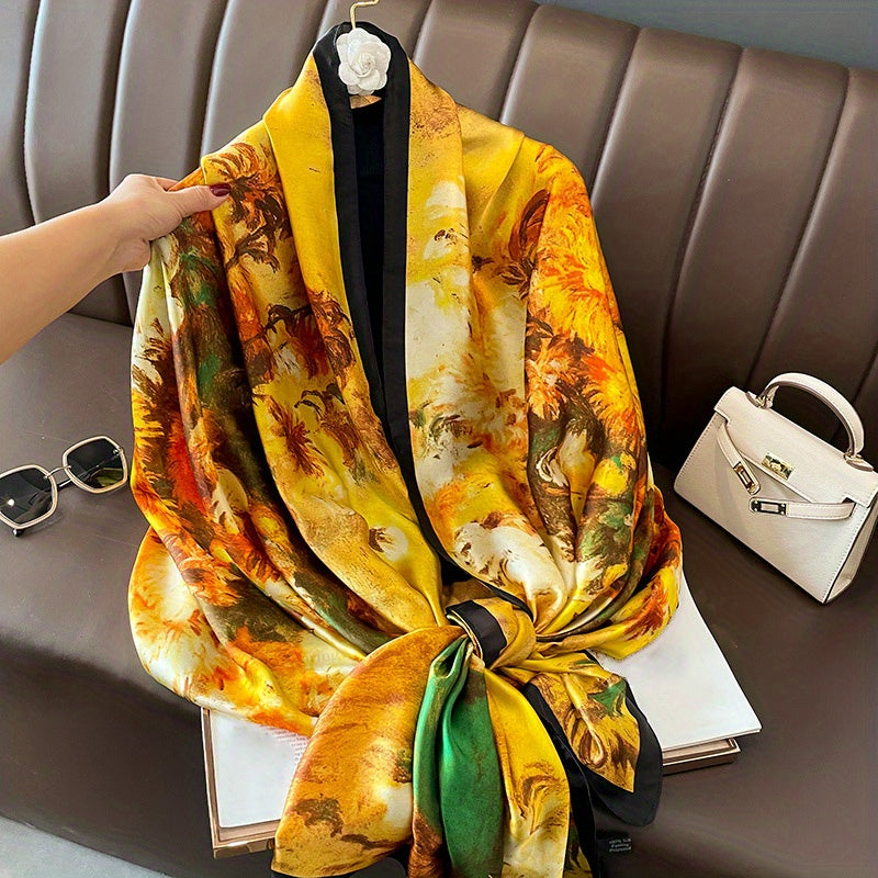 Leopard Print Satin Scarf Classic Oil Painting Pattern Shawl