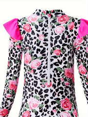 Girls Comfy Sun Protection Leopard Long Sleeve Swimwear