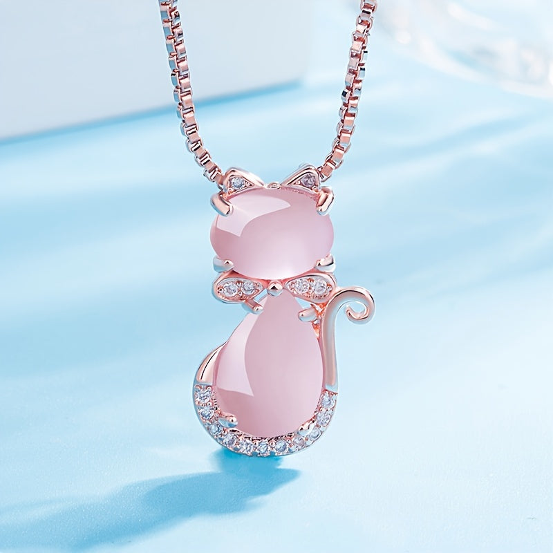Rose Plated Quartz Pink Crystal Cat Pendant Necklace for Girls