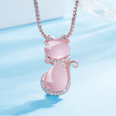 Rose Plated Quartz Pink Crystal Cat Pendant Necklace for Girls