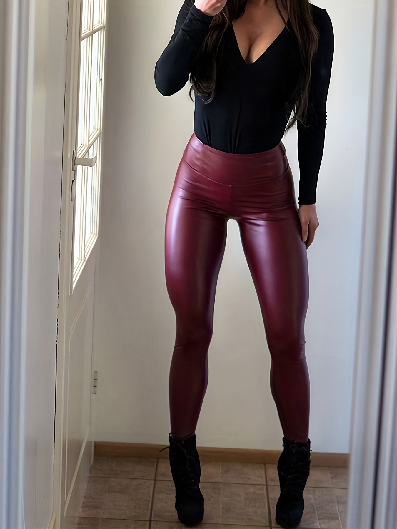 High Waist Faux Leather Sports Leggings High Stretch Tight Pants
