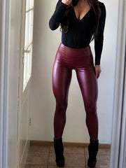 High Waist Faux Leather Sports Leggings High Stretch Tight Pants