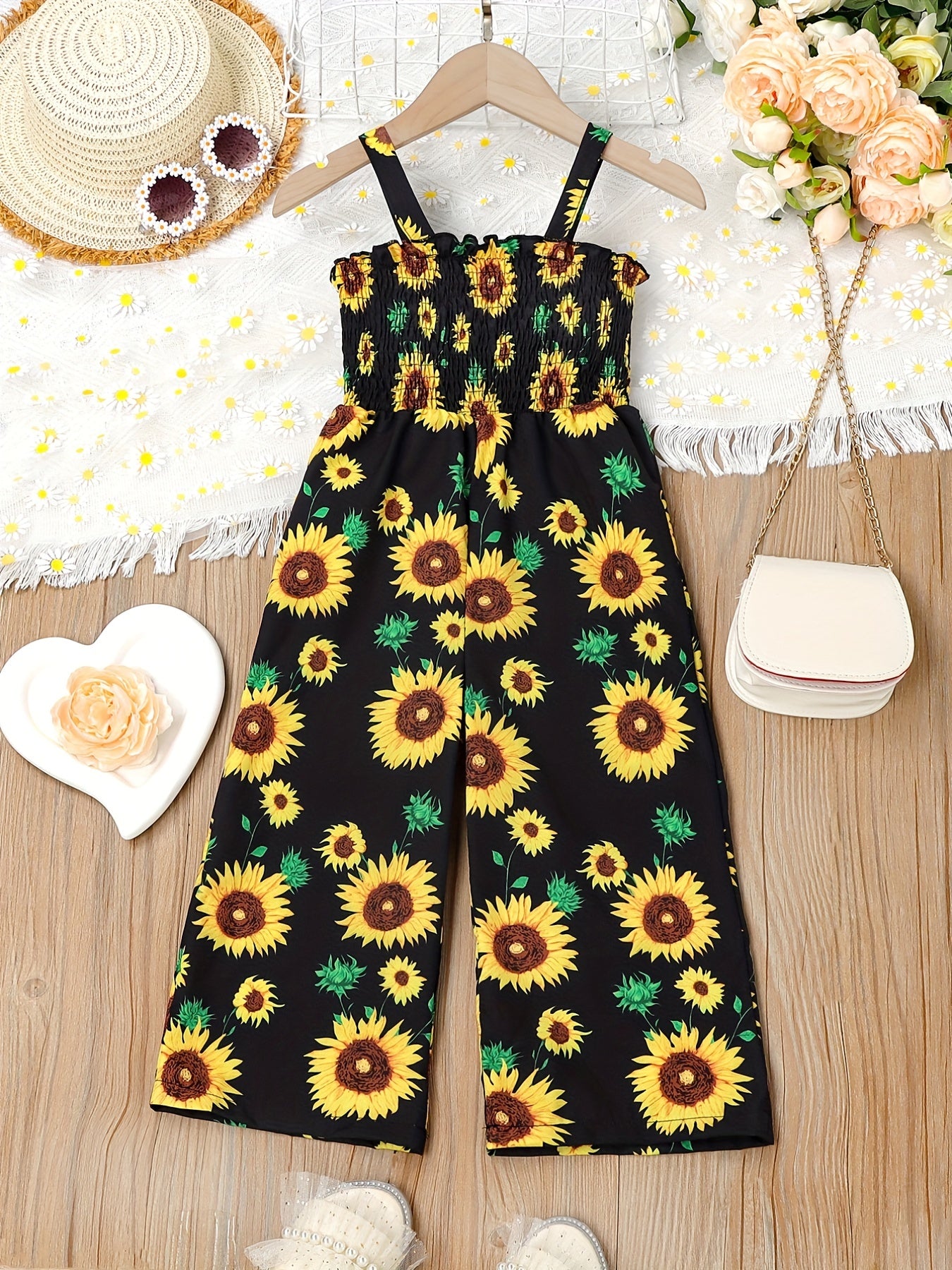 Girl's Sunflower Print Shirred Jumpsuit for Summer Vacation