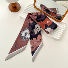Brown Flower Print Skinny Scarf Vintage Silky Long Ribbon Neckerchief