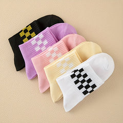 5 Pairs Checkered Pattern Socks Breathable & Comfy Mid Tube Stockings