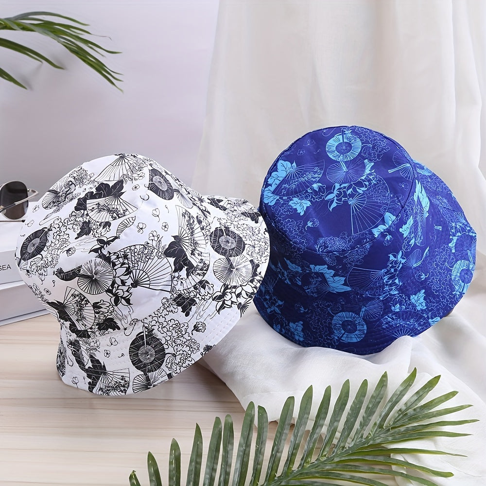 Double Sided Fan Print Bucket Hat for Men Women