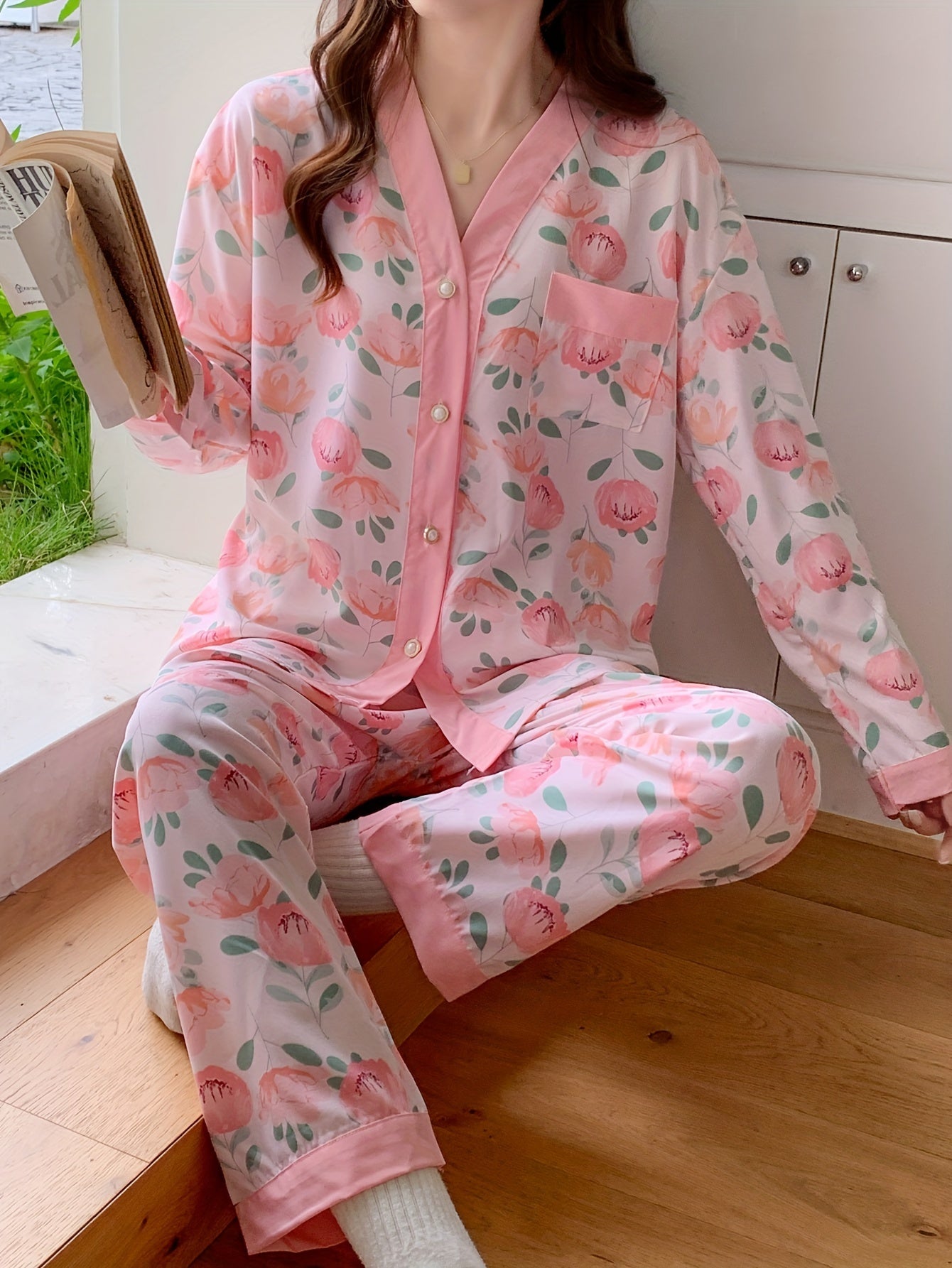 Floral Print Pajama Set Long Sleeve Top & Pants Women's Sleepwear