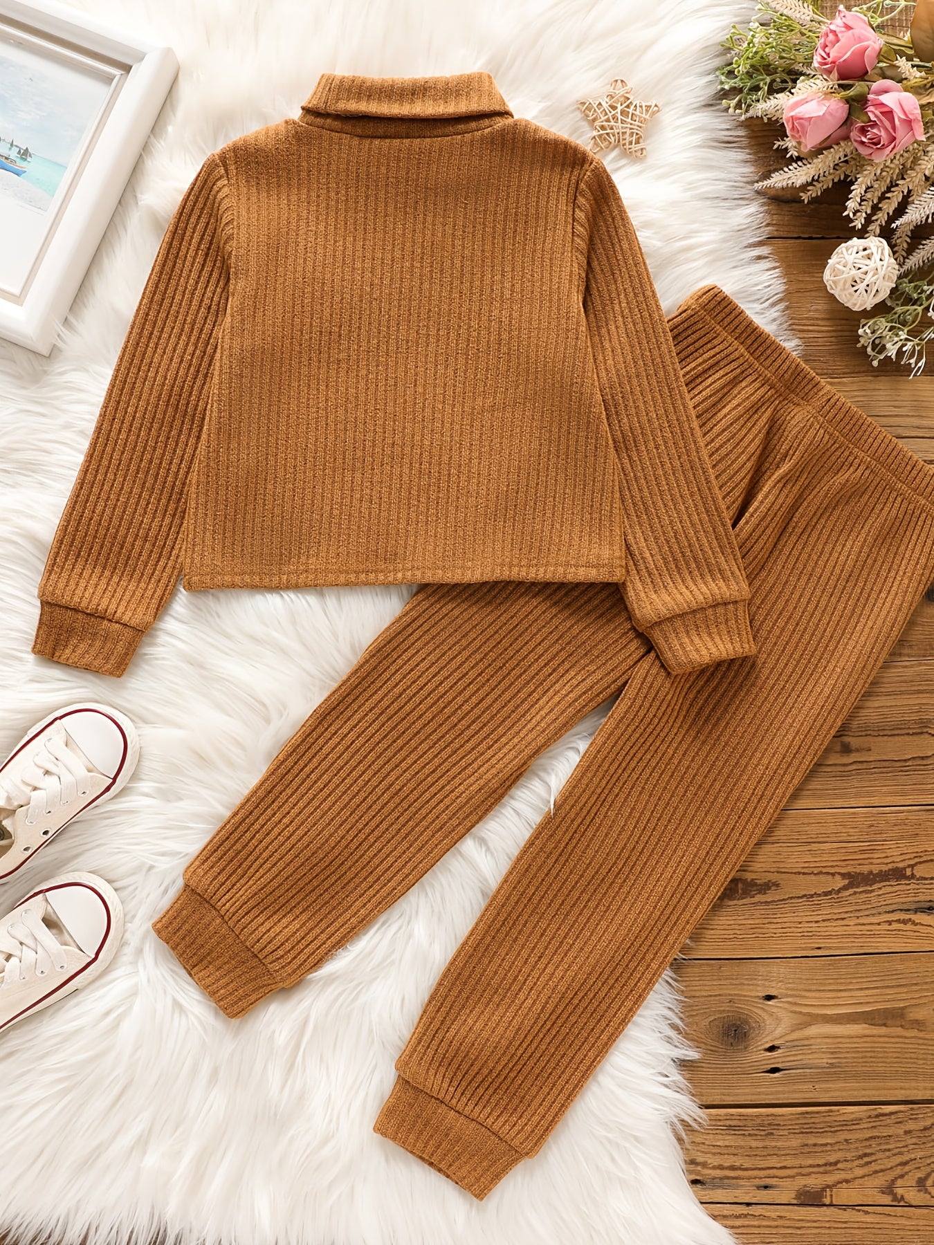 Toddler Girls Ribbed Sweater & Pants Set Turtleneck Long Sleeve Pullover Top