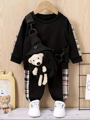Boys Plaid Pullover Pants Set with Bear Bag