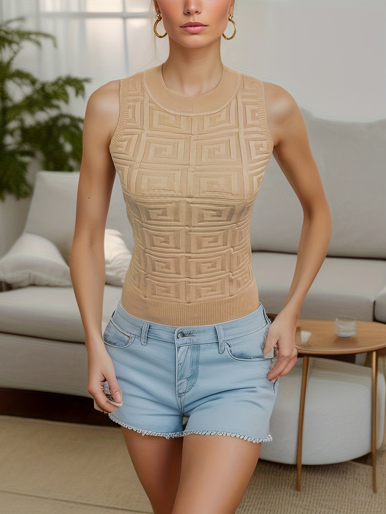 Geometric Pattern Knitted Crew Neck Tank Top Y2K Sleeveless Tank Top