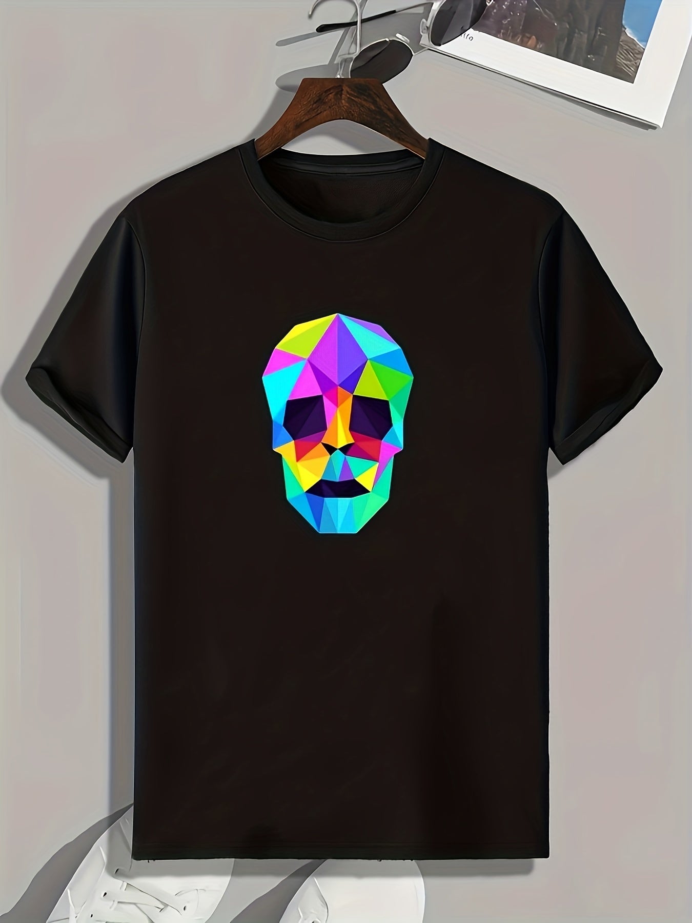 Block Skull Print Men's Graphic T shirt for Summer