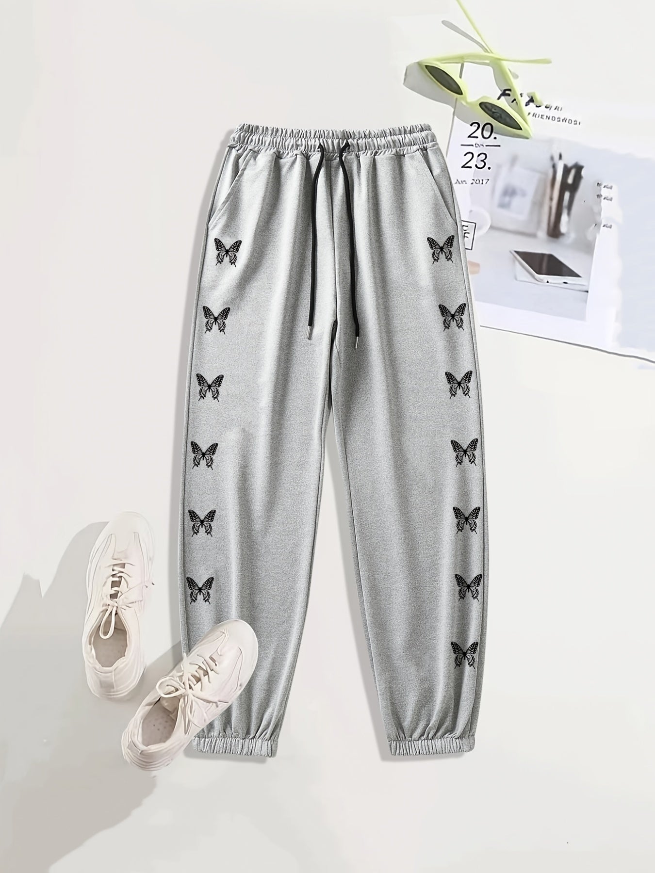 Monogram Butterfly Print Casual Sports Pants with Drawstring