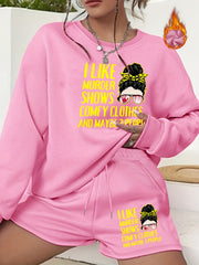 2 Piece Set Women's Slogan & Cartoon Print Sweatshirt & Shorts