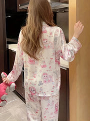 Cartoon Print Pajama Set Long Sleeve Top & Pants Women's Sleepwear