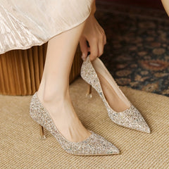 Glitter Sequins Stiletto Wedding Shoes Pointed Toe Heels