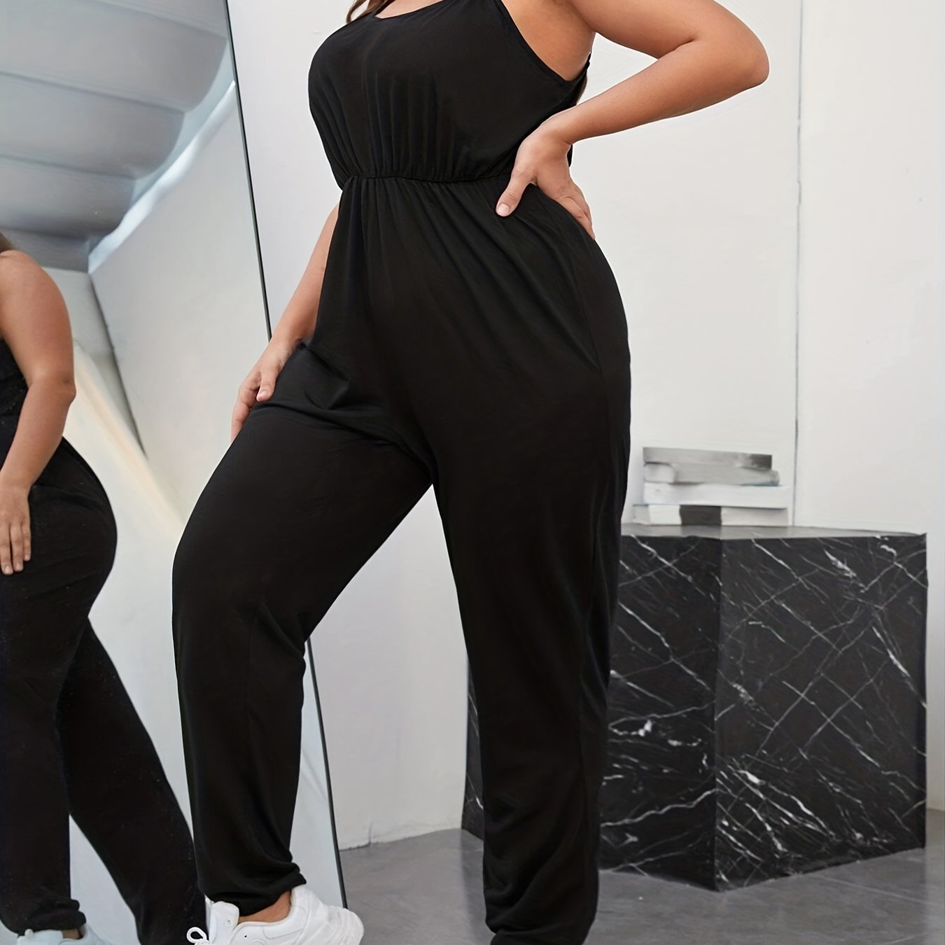 Solid V Neck Cami Jumpsuit