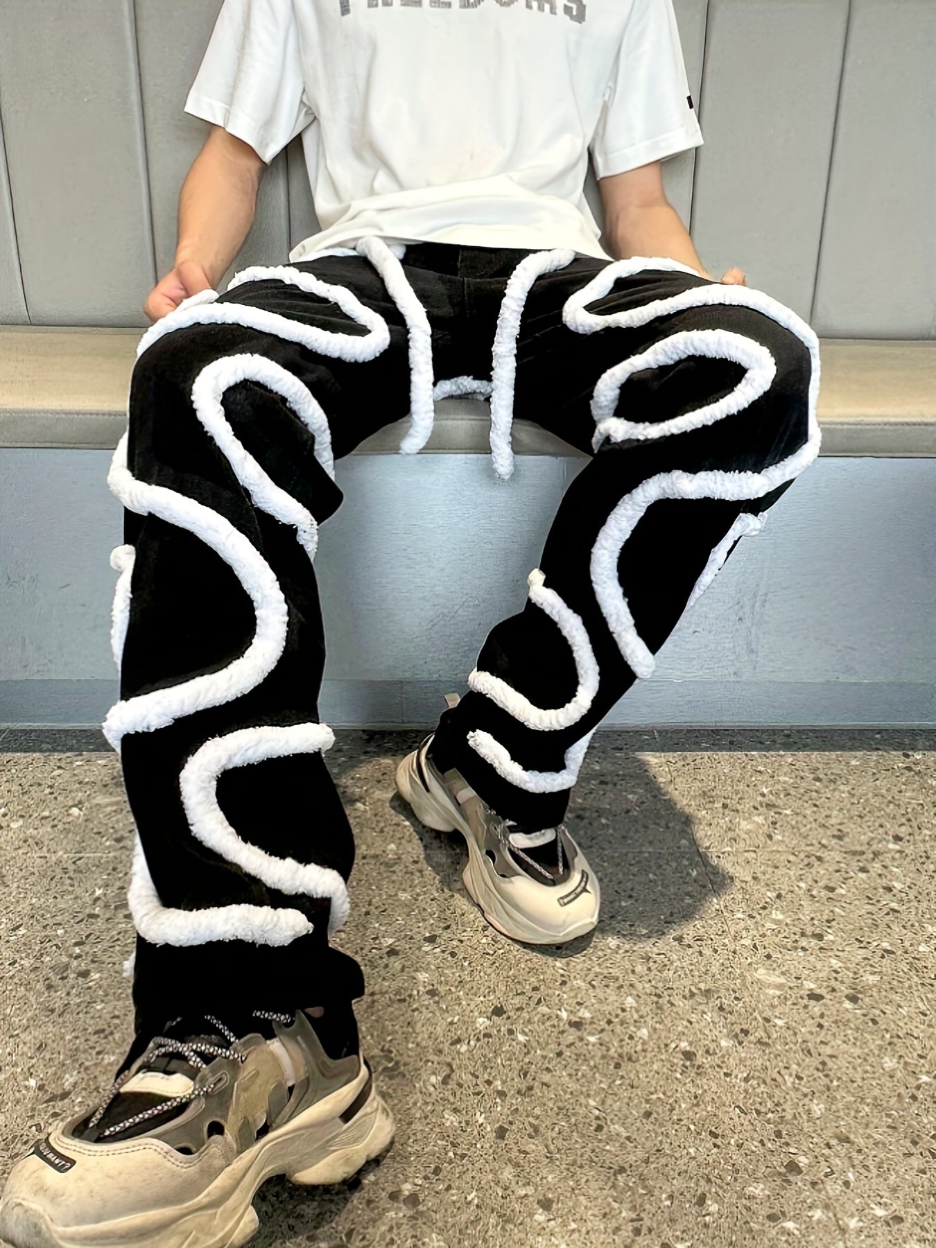 Men's Slim Fit Jeans with Fuzzy Rope Detail