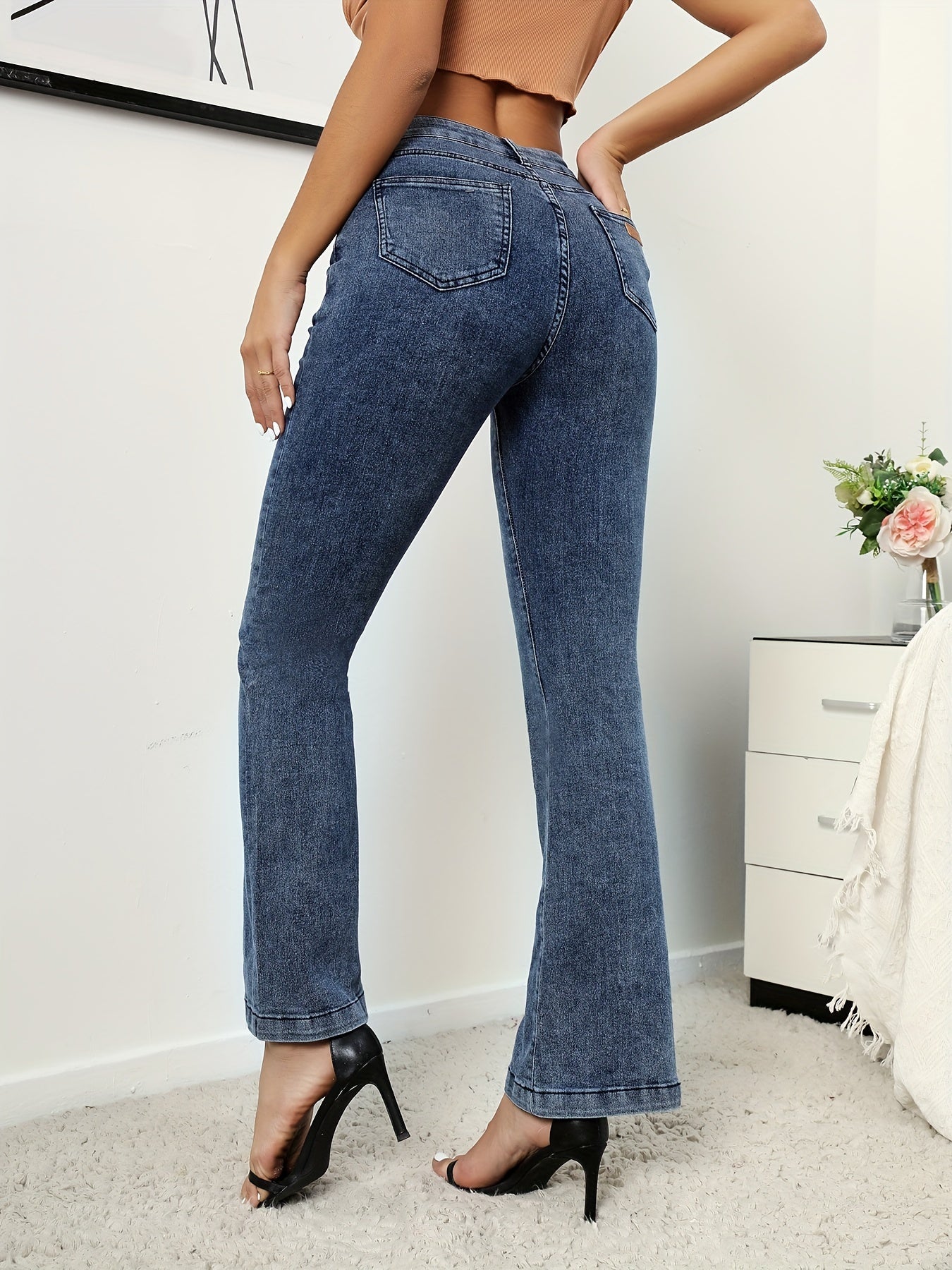 Dark Flared Jeans Wide Legs Bell Bottom High Waist Denim Pants
