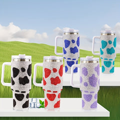 Cow Print Water Bottle 40oz Portable Glass Car Bottle Handle Straw Lid
