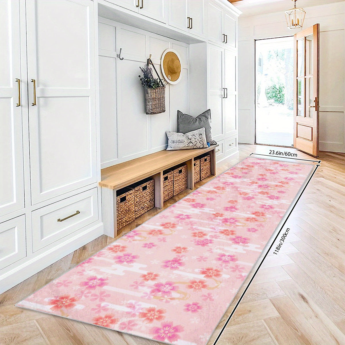 2x10ft Spring Pink Cherry Blossoms Rug Hand Washable Polyester Mat