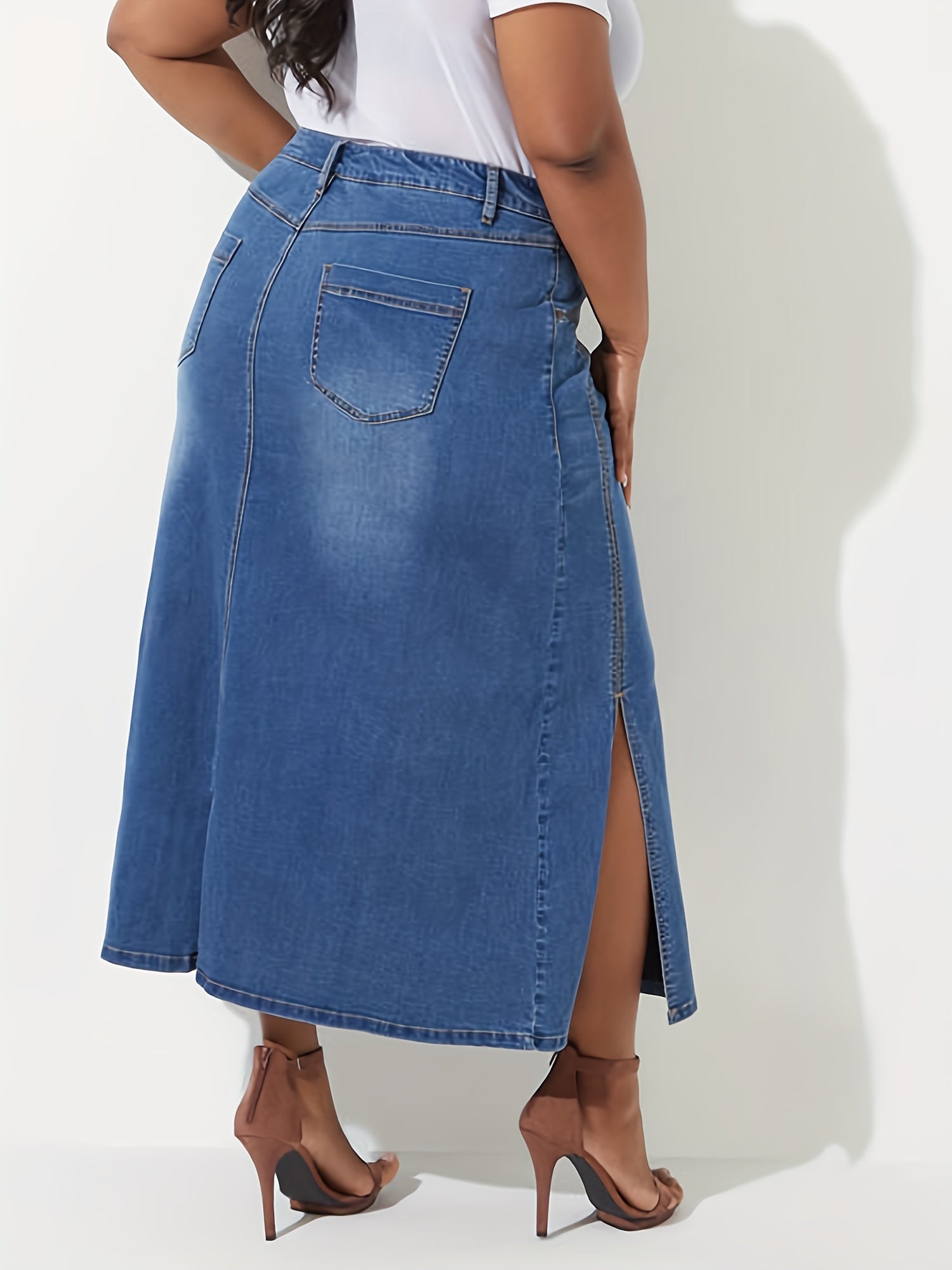 Women's Plus Solid Button Fly High Rise Denim Skirt