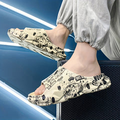 Men's Cartoon Print Platform Slides Casual Slippers
