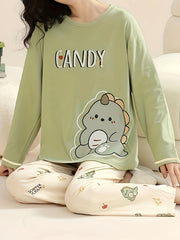 Dino Print Pajama Set Long Sleeve Top & Pants Women's Sleepwear