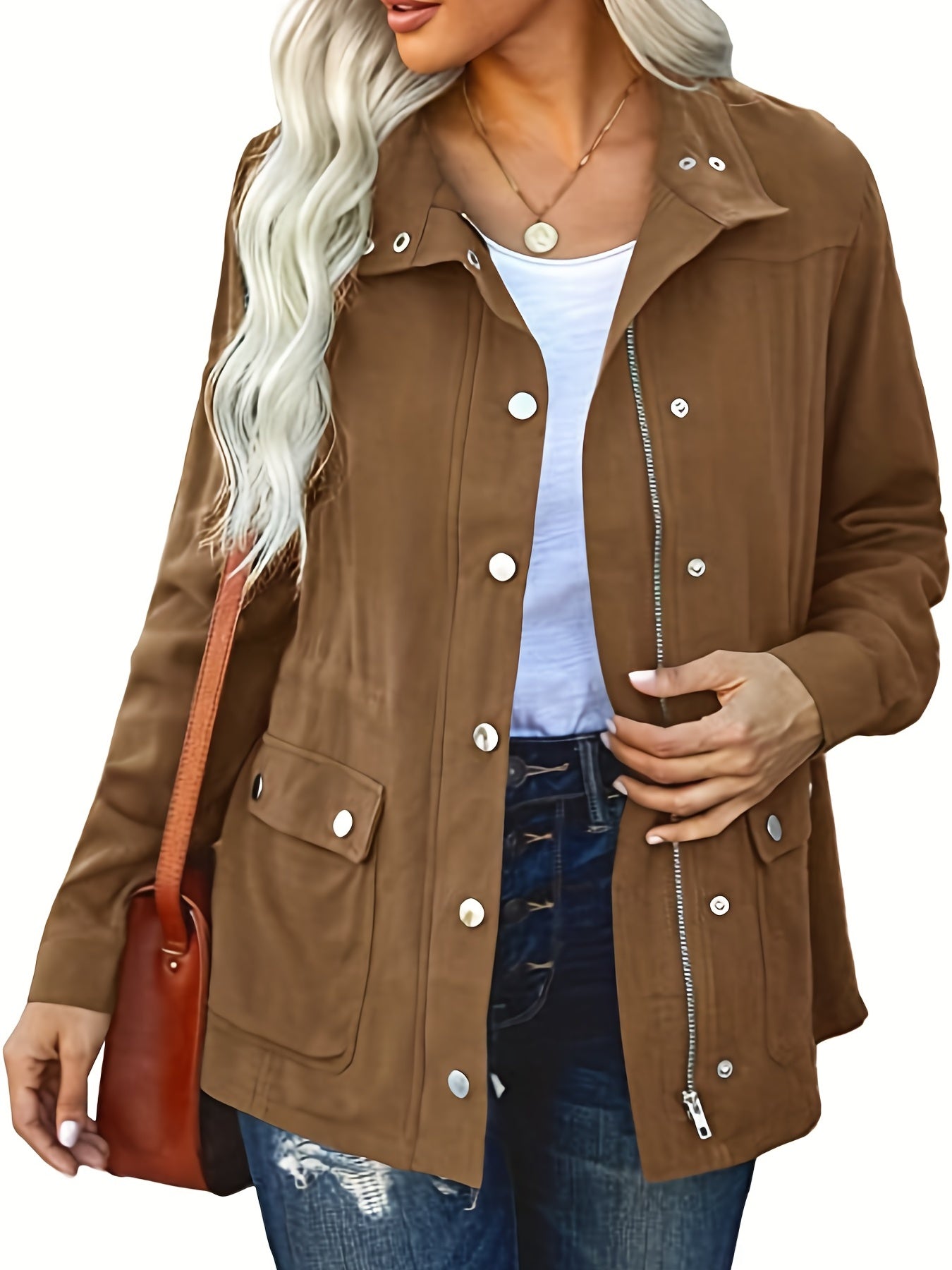 Button & Zipper Dual Pockets Jacket Fall & Winter Women's Clothing