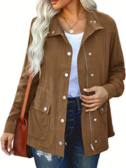 Button & Zipper Dual Pockets Jacket Fall & Winter Women's Clothing