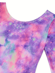 Girls 3D Starry Sky Graphic Crew Neck Long Sleeve Ballet Leotard