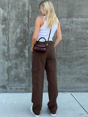 Green Loose Fit Straight Jeans Flap Muti Pockets Wide Legs