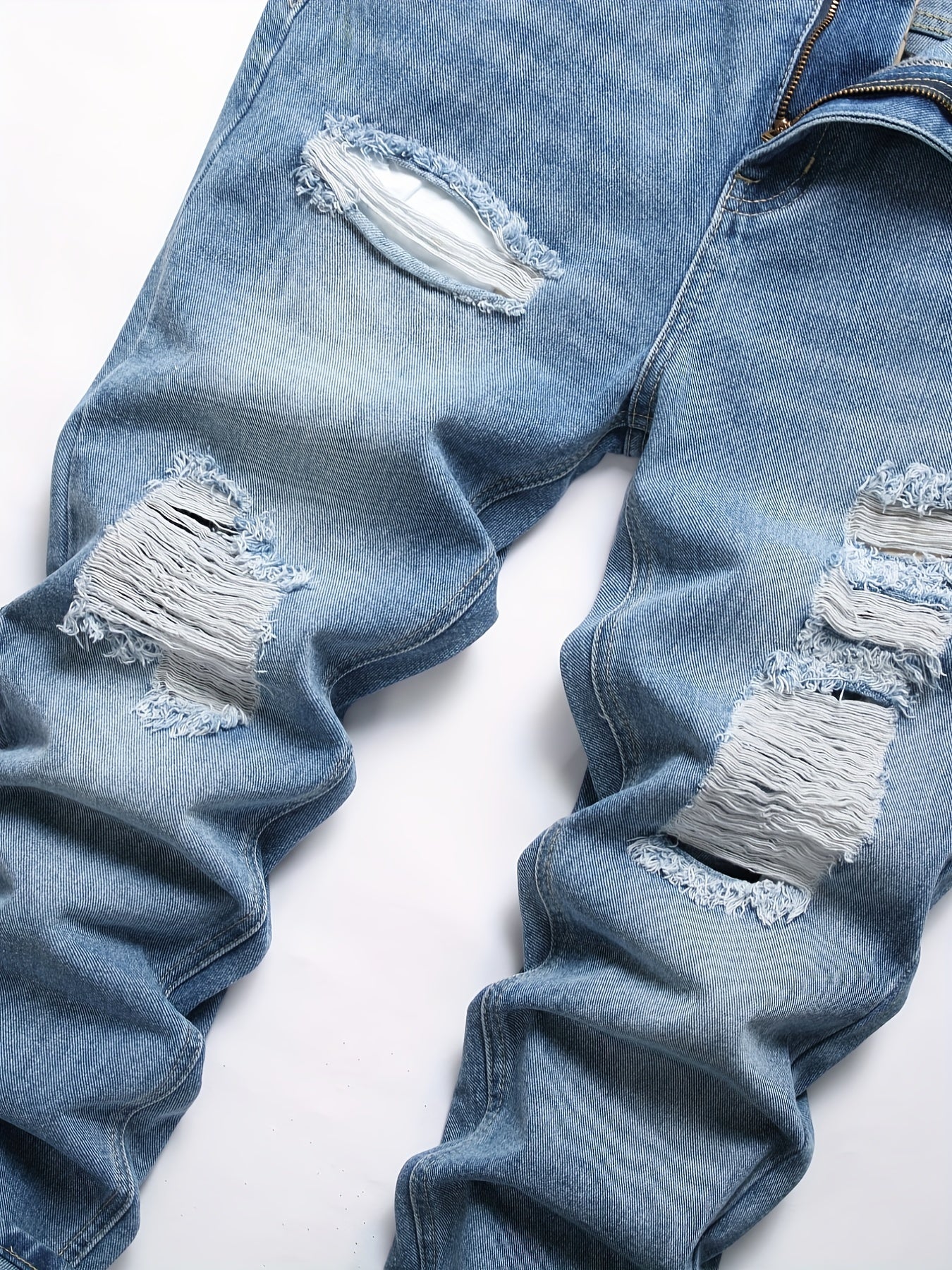 Men's Distressed Denim Pants Straight Leg Ripped Cotton Jeans