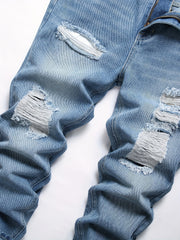 Men's Distressed Denim Pants Straight Leg Ripped Cotton Jeans