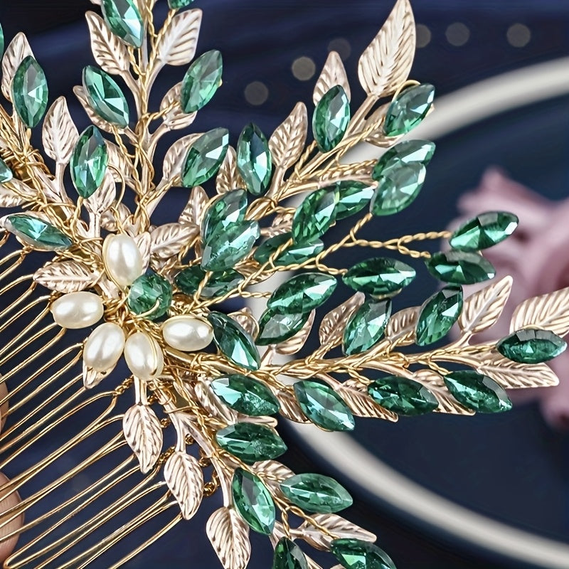 Alloy Leaf Hair Comb Vintage Green Rhinestone Bridal Hair Accessory