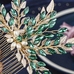 Alloy Leaf Hair Comb Vintage Green Rhinestone Bridal Hair Accessory