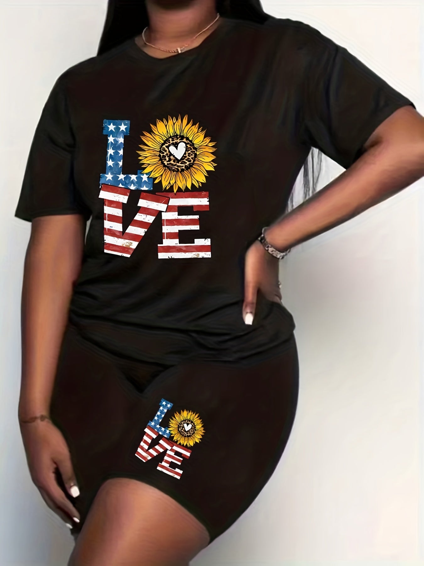 Women's Plus Flag Letter & Leopard Sunflower Print Top & Shorts Set