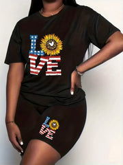 Women's Plus Flag Letter & Leopard Sunflower Print Top & Shorts Set