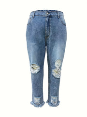 Fringe Trim Jeans Washed Ripped Button Fly